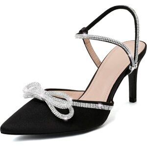 Women's Black Closed Toe Rhinstone Wedding Heel Slingback Clear Kitten Heels